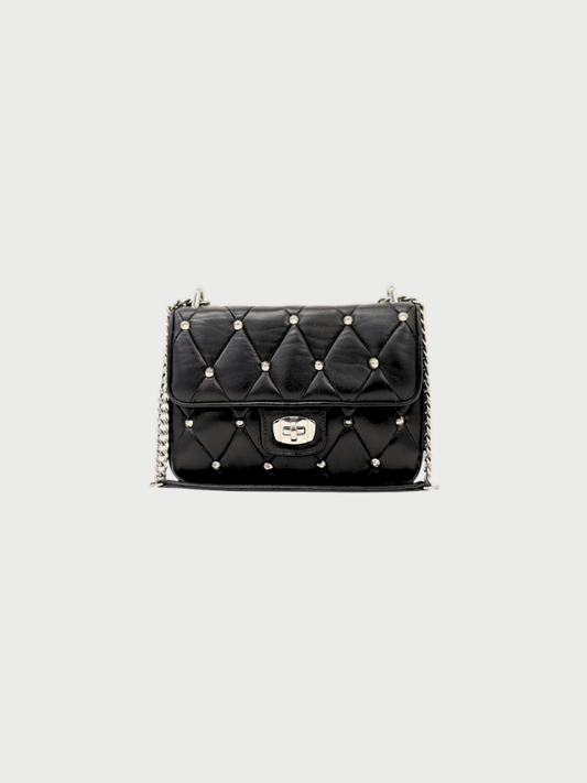 Miu Miu 2000s Black Leather Logo Studded Chain Shoulder Bag