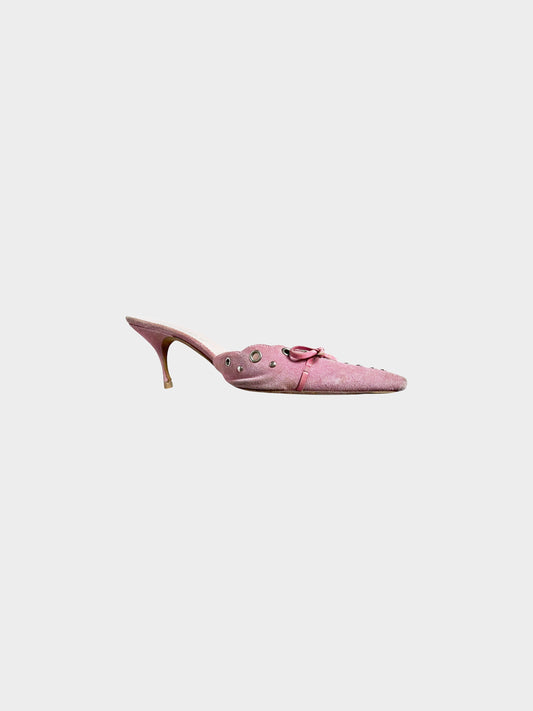 Prada 1990s Pink Suede Eyelet and Bow Heeled Mules