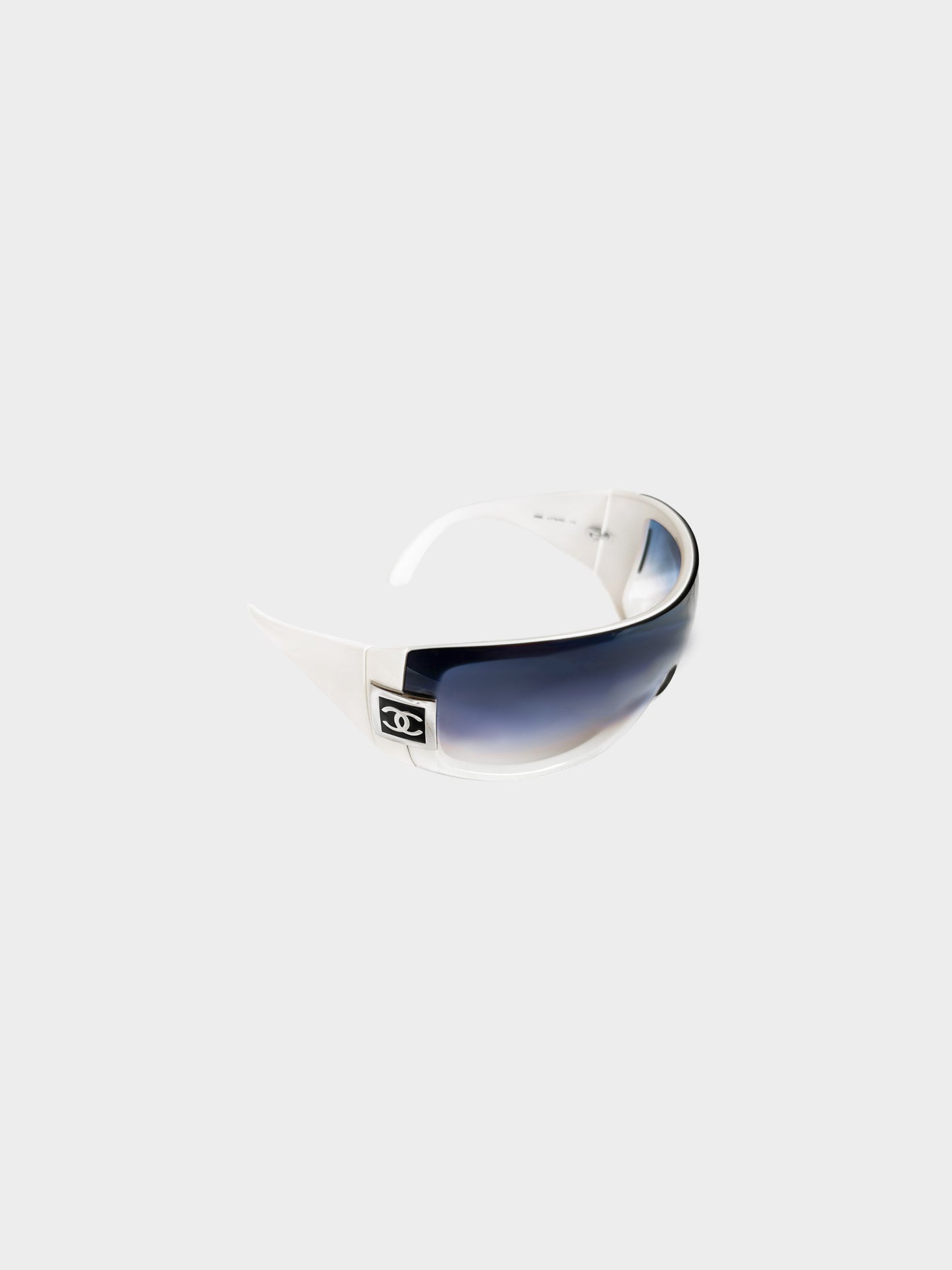 Chanel Early 2000s White and Gradient Blue Wraparound Oversized Shield Sunglasses