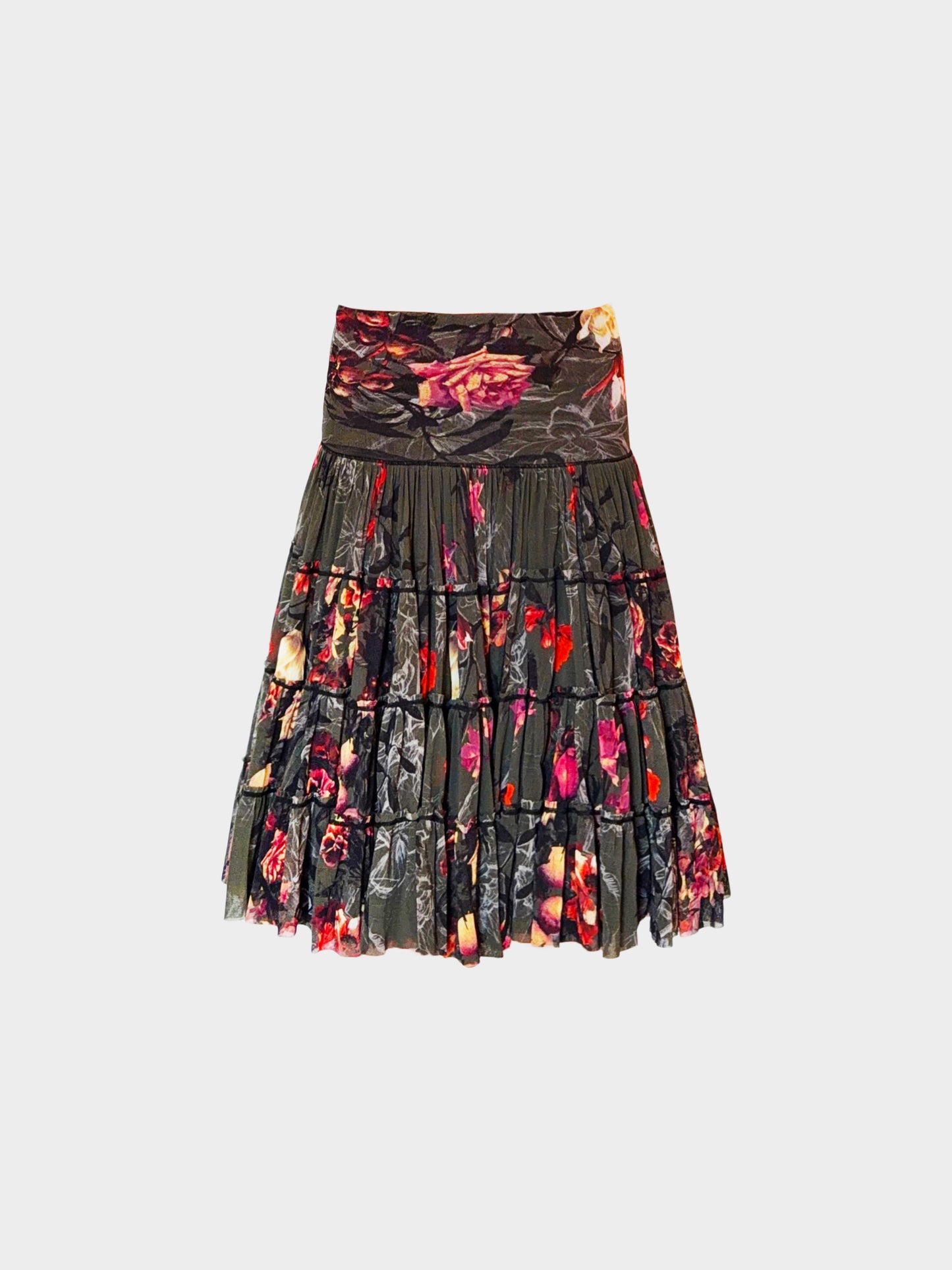 Jean Paul Gaultier 2000s Soleil Dark Green Floral Print Mesh Skirt