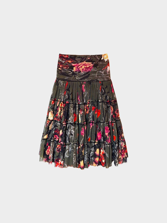 Jean Paul Gaultier 2000s Soleil Dark Green Floral Print Mesh Skirt