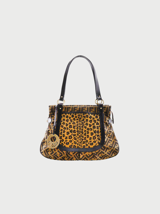 Fendi 2000s Brown Zucca Leopard Nylon Canvas Tote Bag