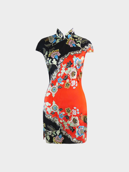 Roberto Cavalli SS 2003 Black and Red Silk Floral Print Cheongsam Midi Dress