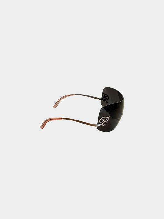 Blumarine 2000s Black Shield Rhinestones Sunglasses