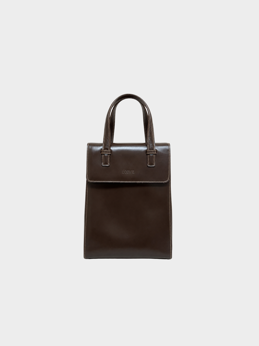 Loewe 1990s Dark Brown Box Calfskin Postal Tote Bag