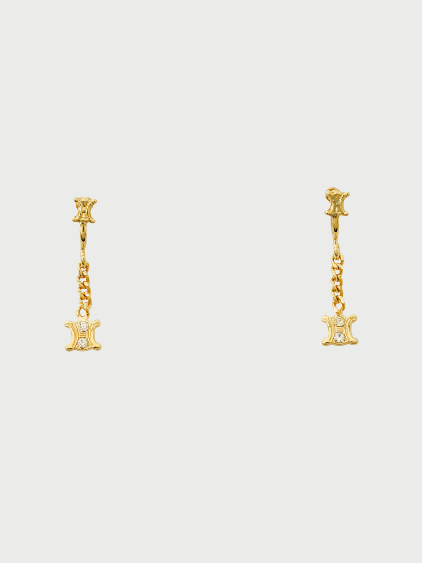 Celine 2000s Gold Plated Metal Rhinestone Triomphe Drop Earrings