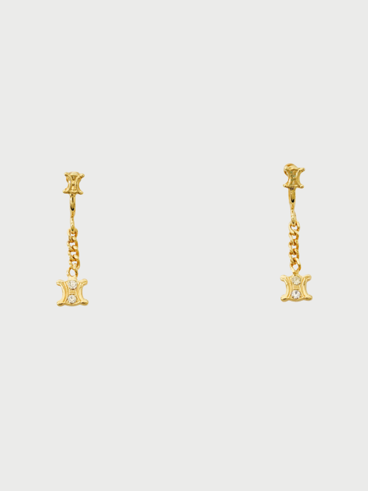 Celine 2000s Gold Plated Metal Rhinestone Triomphe Drop Earrings