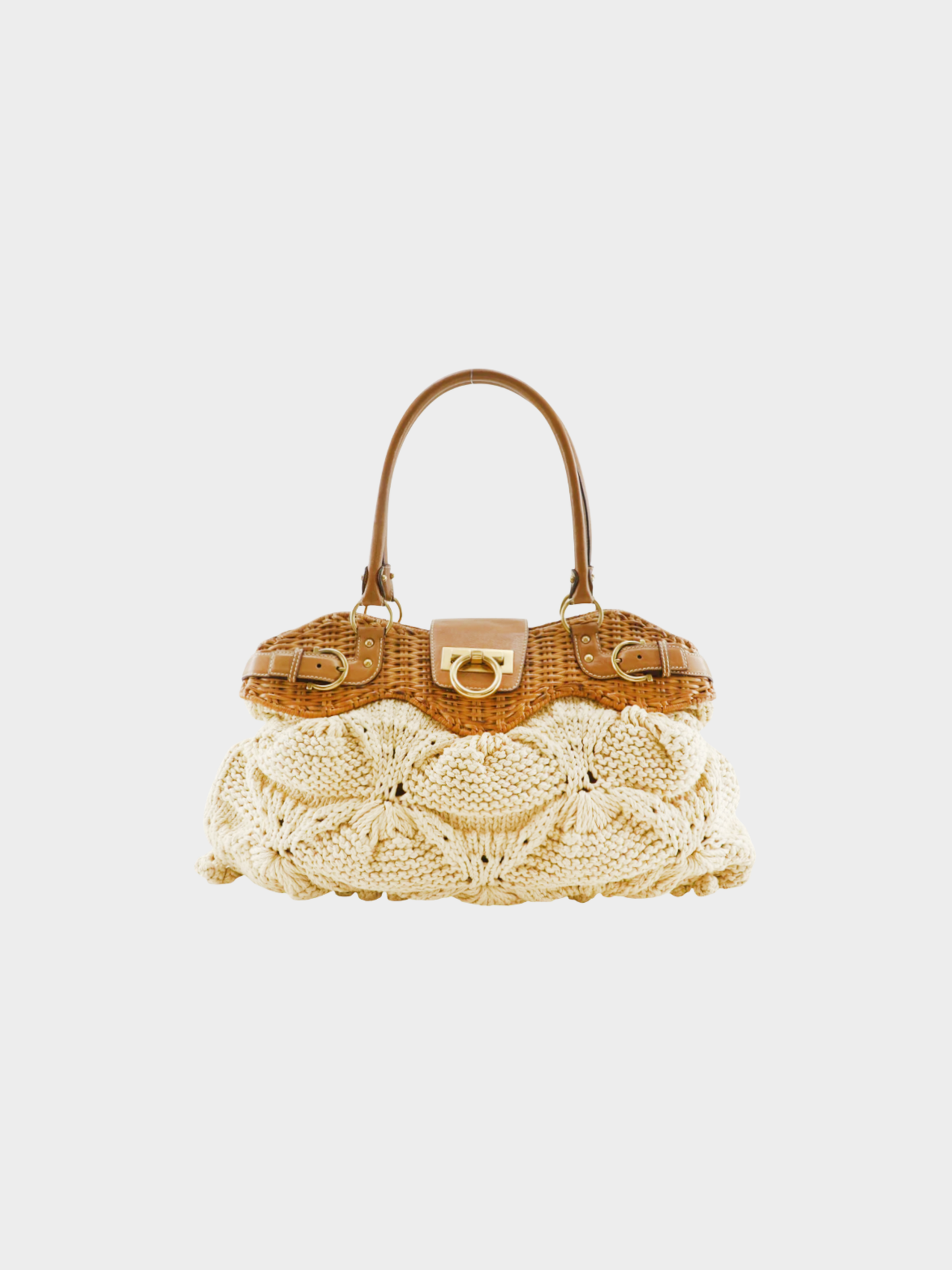 Salvatore Ferragamo 2000s Beige Rattan Cotton Gancini Marissa Tote Bag