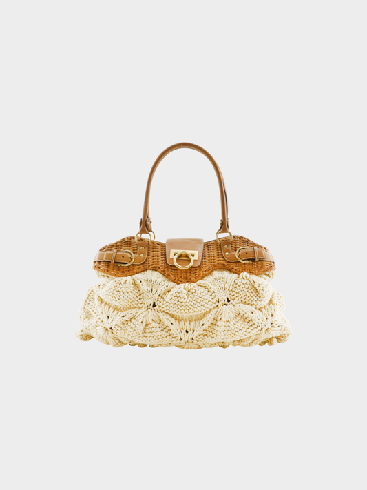 Salvatore Ferragamo 2000s Beige Rattan Cotton Gancini Marissa Tote Bag