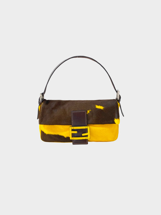 Fendi 2000s Yellow and Brown Pony Hair Cow Print Baguette