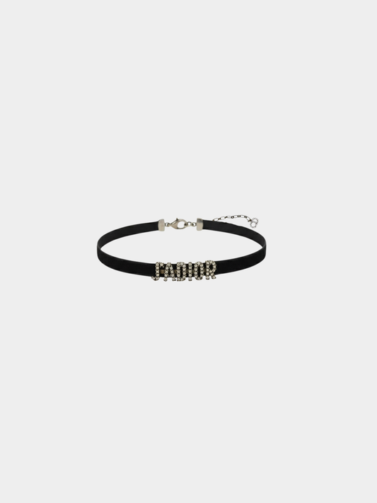 Christian Dior 2000s Black and Silver Velour Logo Rhinestone Choker