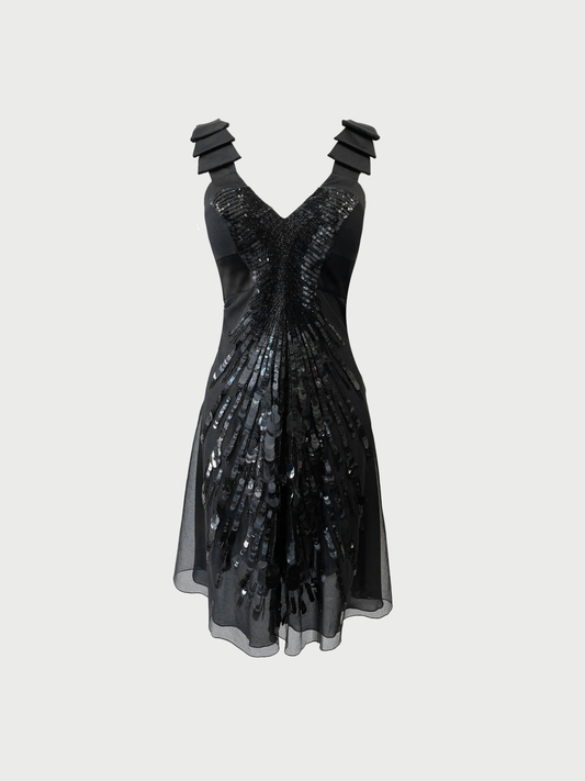 Versace 2000s Black Tulle Paillette Cocktail Dress