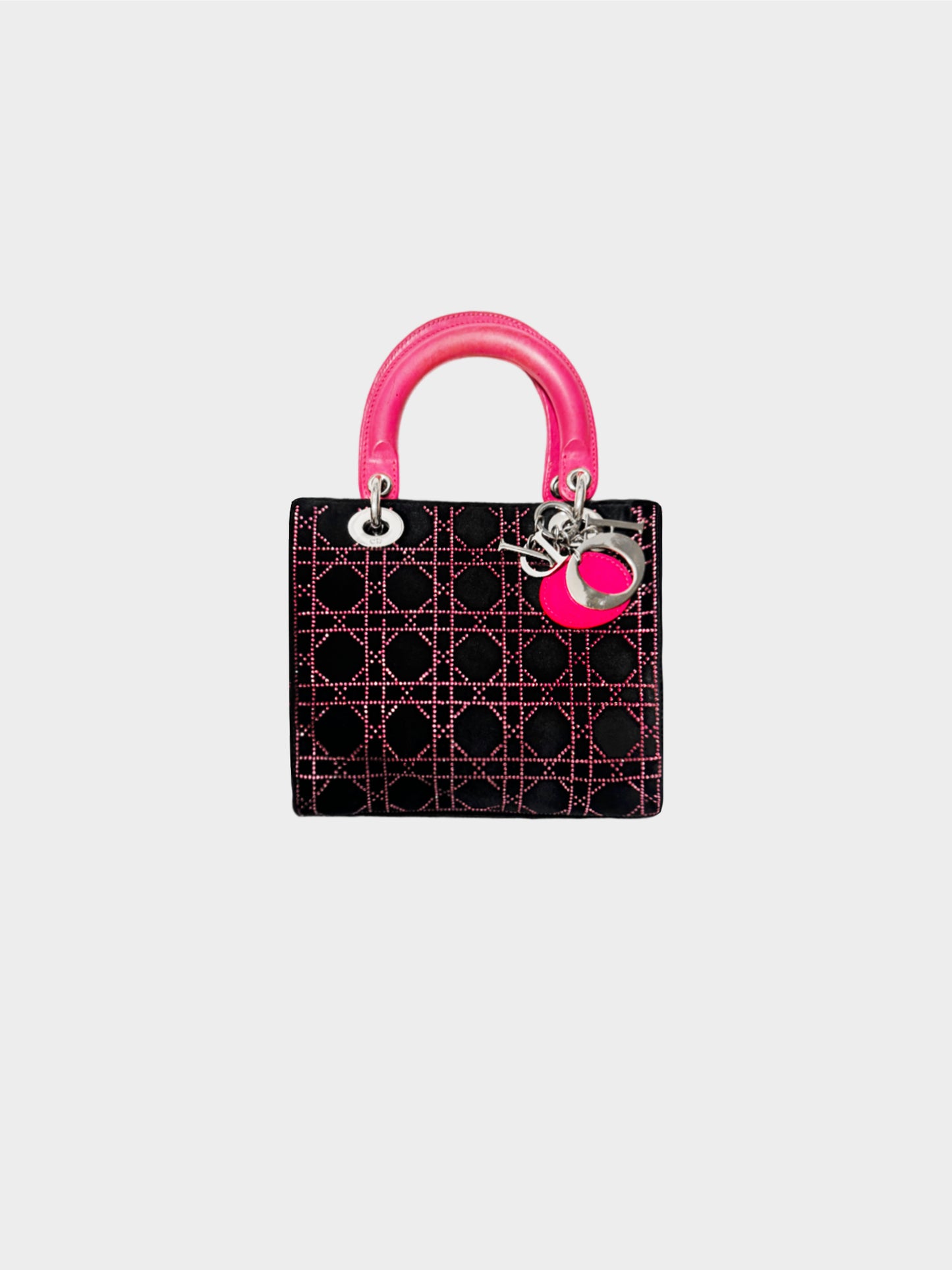 Christian Dior 2000s Black Velvet Lady Dior Pink Rhinestone Cannage Handbag