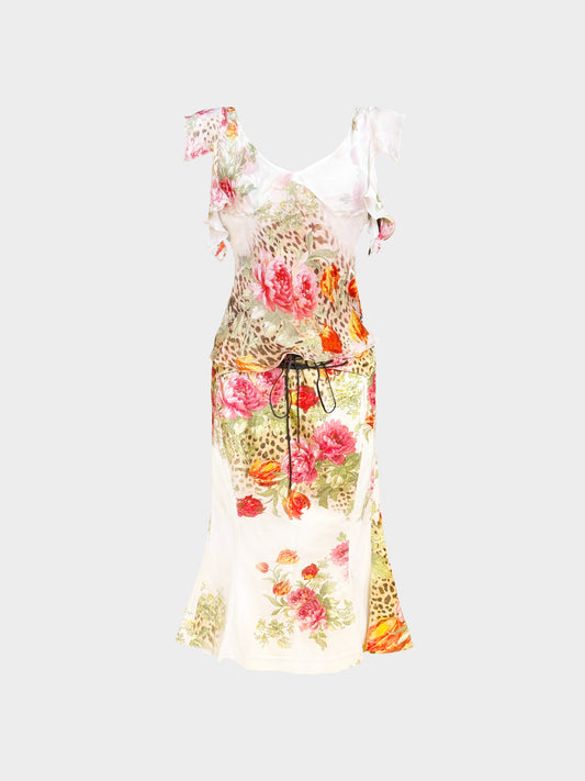 Roberto Cavalli 2000s Floral and Animal Print Top and Skirt Set