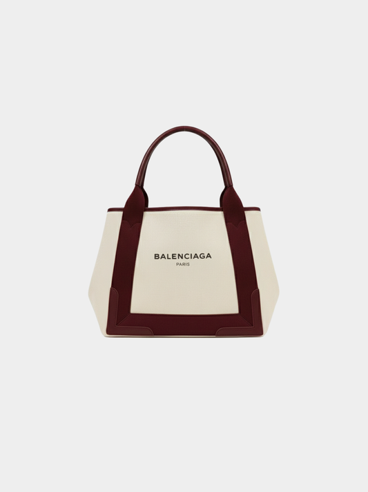 Balenciaga 2010s Ivory Bordeaux Canvas Navy Cabas S Tote