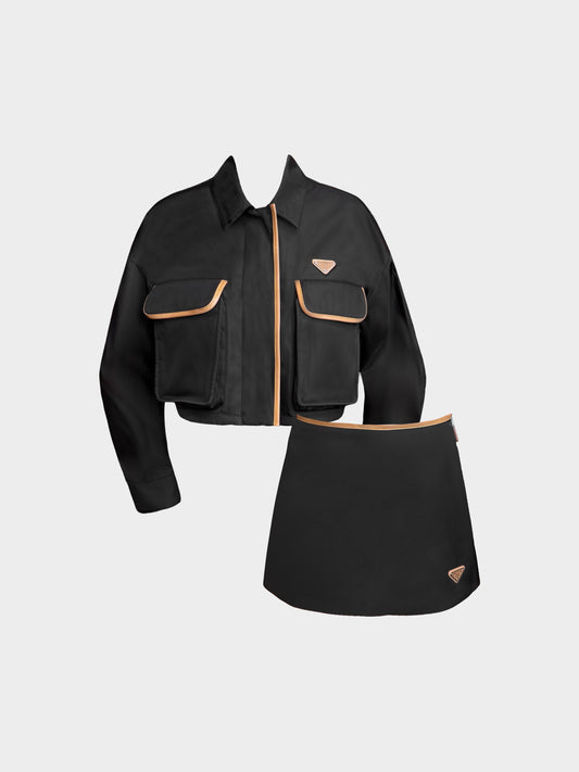Prada 2023 Black Re-Nylon and Brown Leather Cropped Jacket and Skirt Set