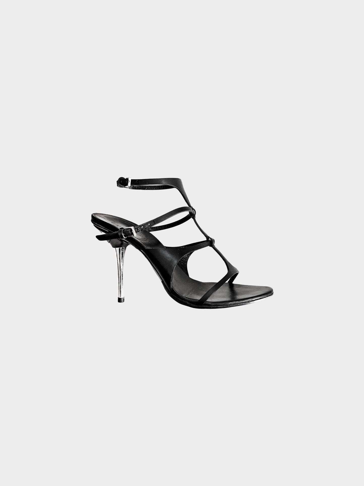 Gucci by Tom Ford Early 2000s Black Leather T-strap Silver Heels