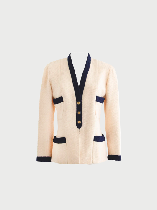 Chanel SS 1992 Ivory Navy Tweed Camellia Button Blazer