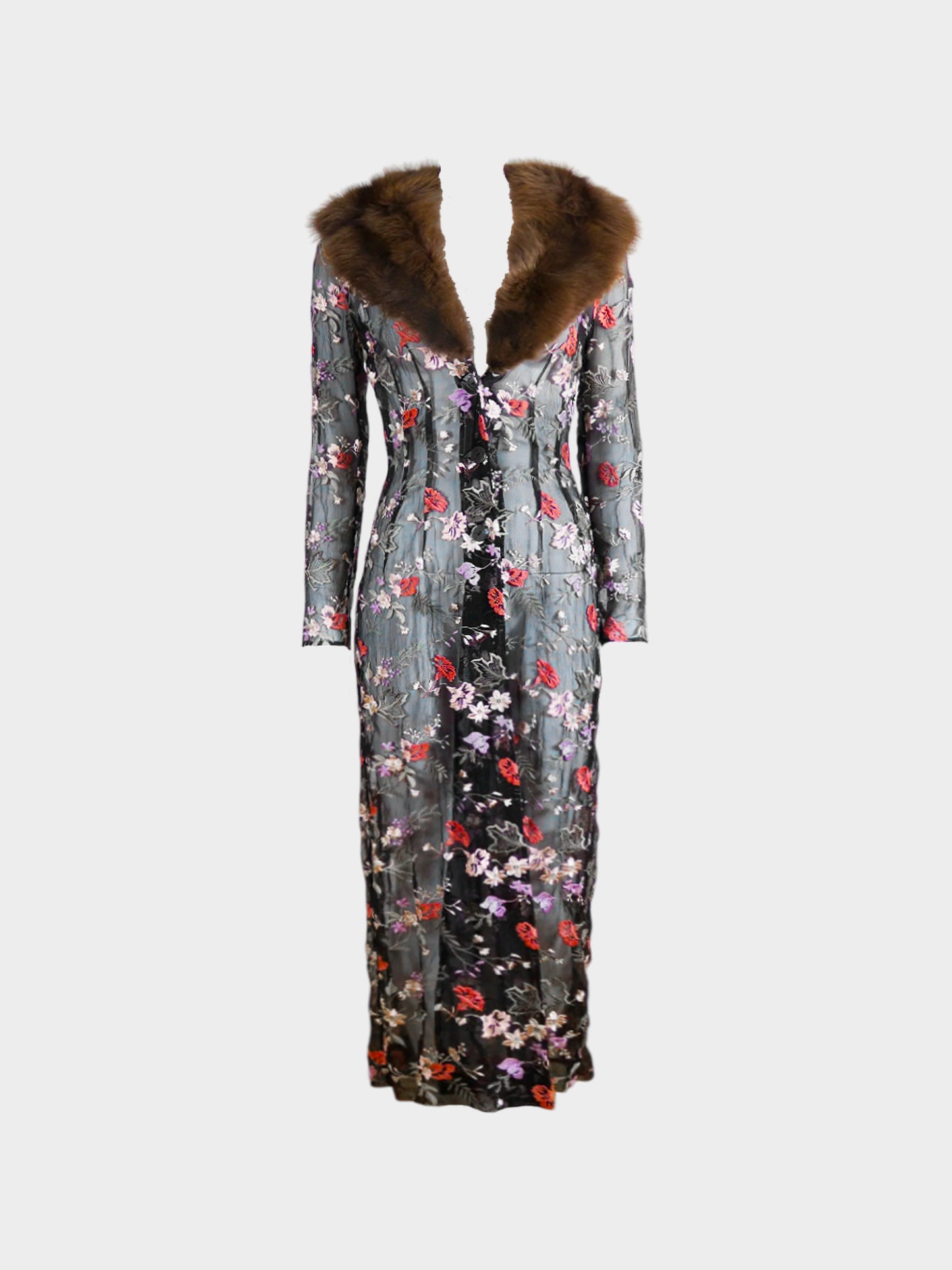 Dolce and Gabbana 1997 Runway Fur Collar Oriental Floral Embroidered Sheer Coat