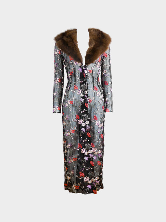 Dolce and Gabbana 1997 Runway Fur Collar Oriental Floral Embroidered Sheer Coat