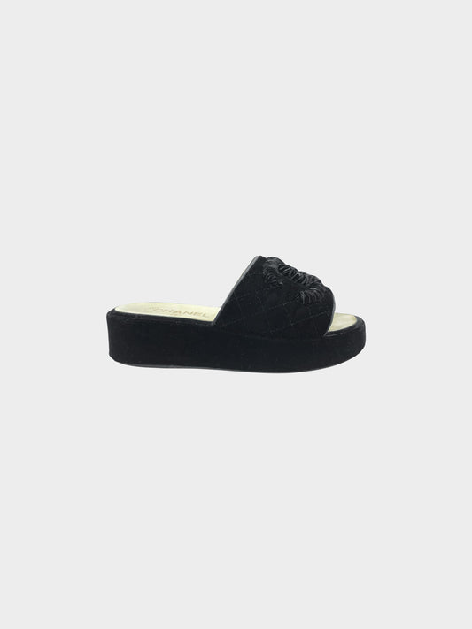 Chanel 2020s Black Velvet Wedge Mules