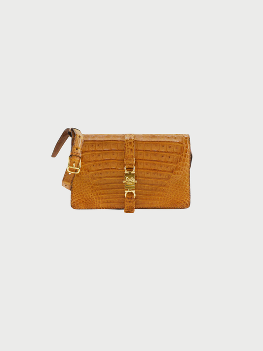 Celine 1990s Brown Crocodile Embossed Leather Horse Bag 2-Way Shoulder Bag