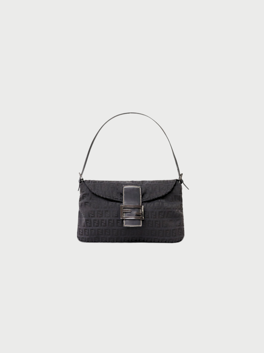 Fendi 2000s Black Zucchino Canvas Leather Mamma Baguette Bag