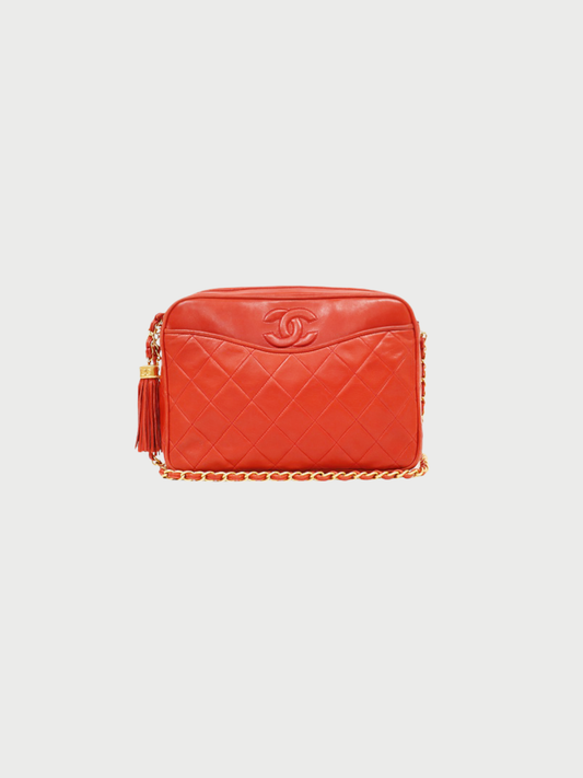 Chanel 1980s Red Lambskin Matelassé Tassel Chain Shoulder Bag