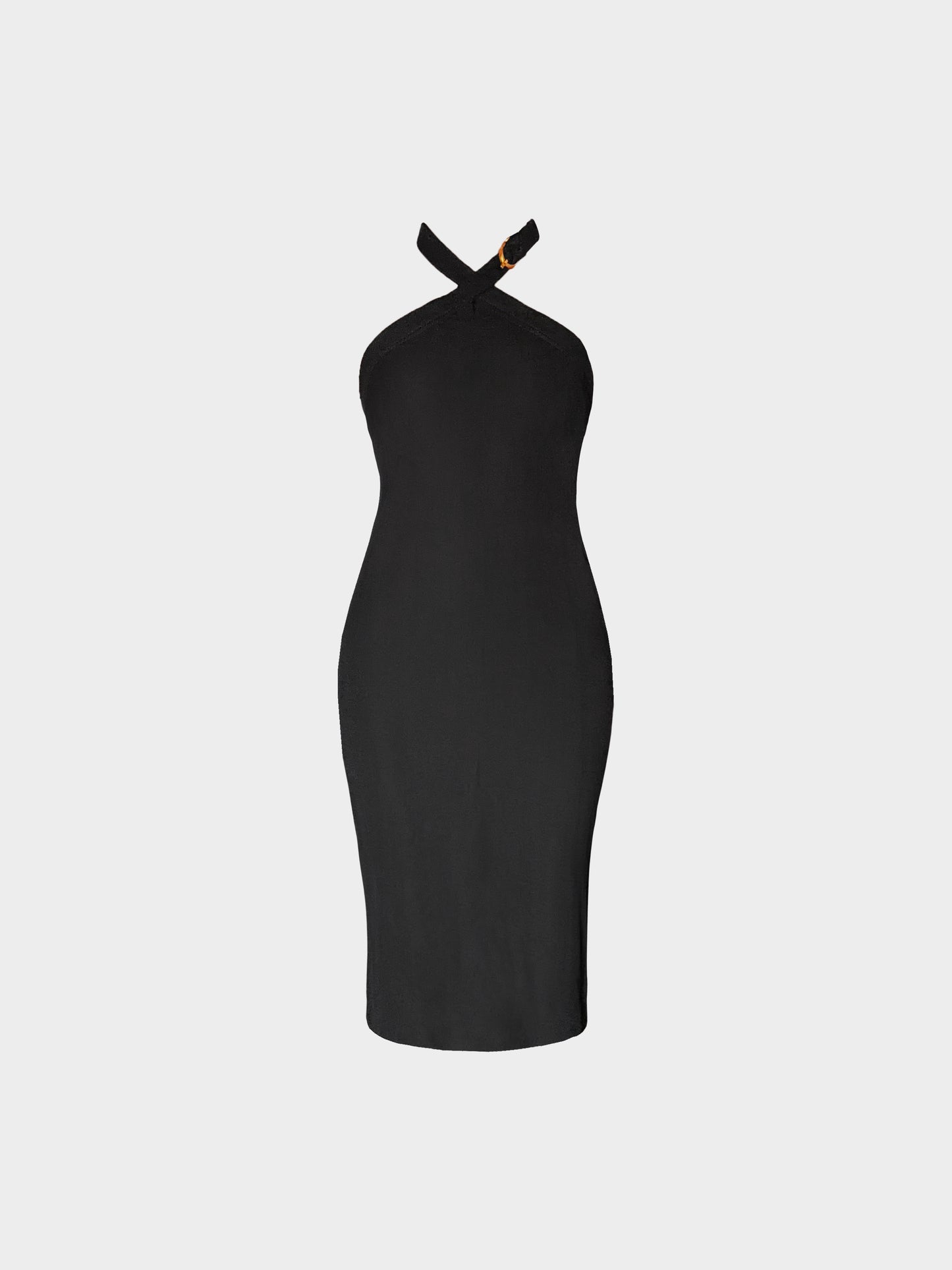 Gucci by Tom Ford 2000s Black Viscose Halter Dress with Buckle