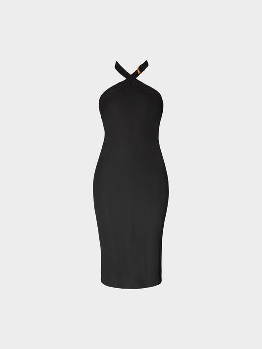 Gucci by Tom Ford 2000s Black Viscose Halter Dress with Buckle