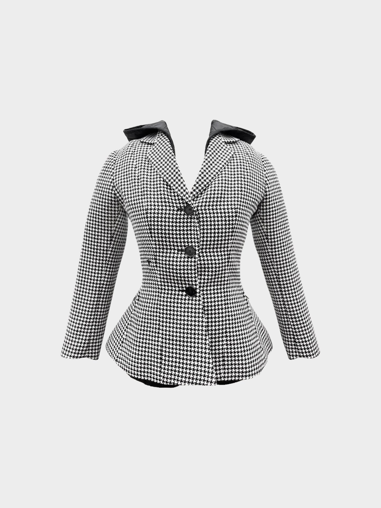 Christian Dior 2020s Black and White Wool Houndstooth Blazer with Hooded Liner