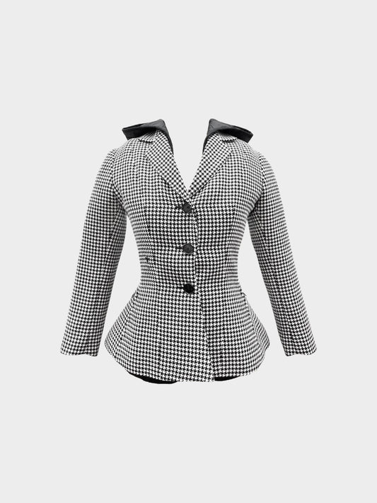 Christian Dior 2020s Black and White Wool Houndstooth Blazer with Hooded Liner