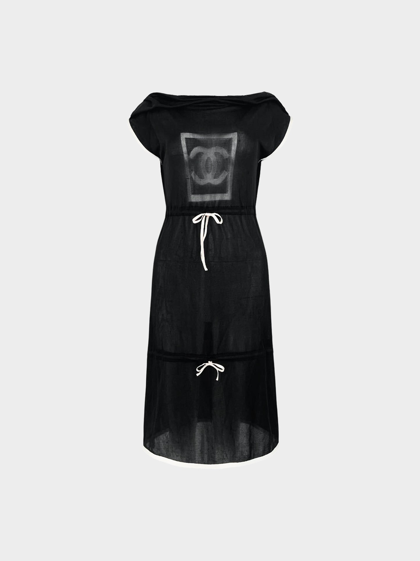 Chanel SS 2003 Sports Line Black CC Logo Sheer Mesh Dress with Self-tie Ribbons