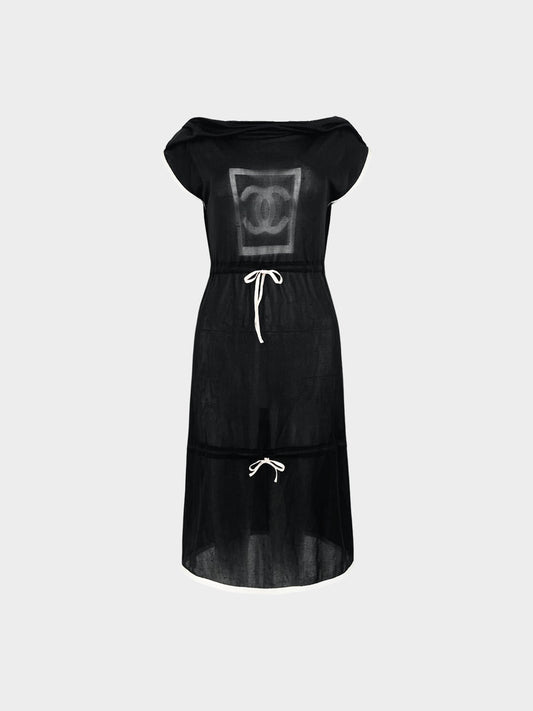 Chanel SS 2003 Sports Line Black CC Logo Sheer Mesh Dress with Self-tie Ribbons