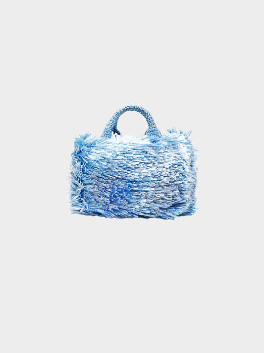 Prada 2010s Blue Raffia Grass Fringed Tote Bag