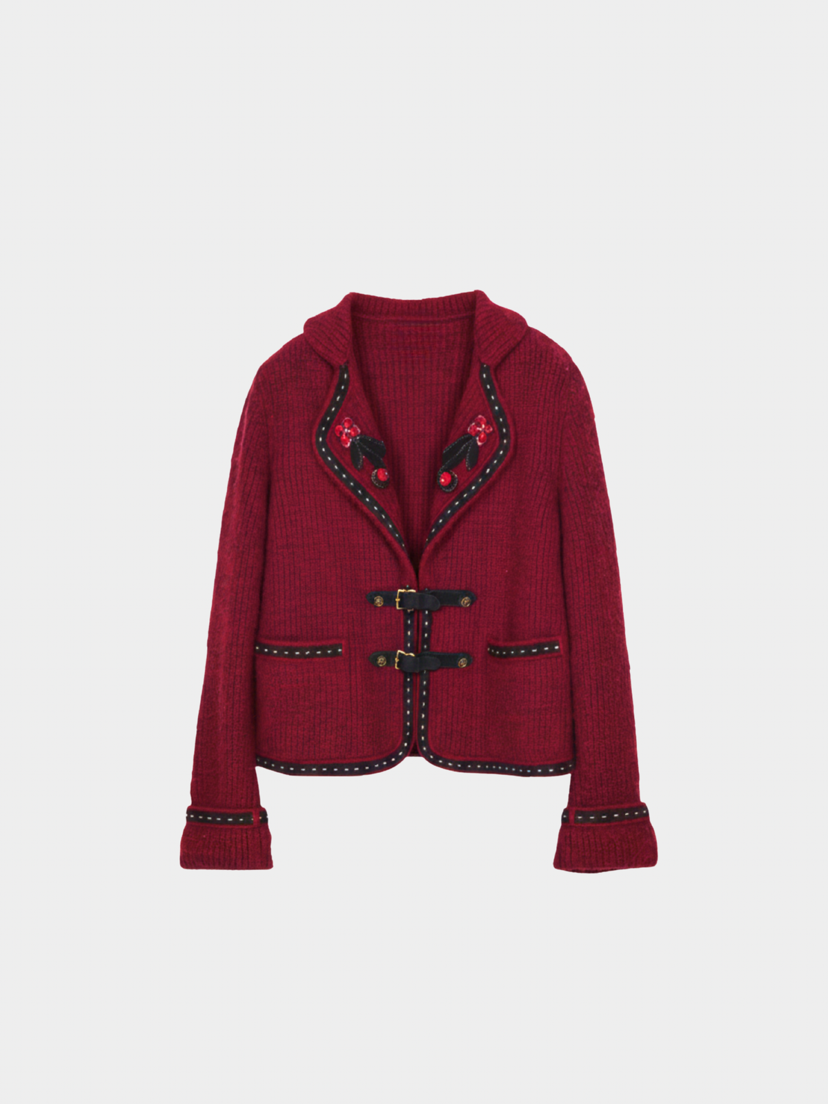 Chanel 2015 Berry Red Floral Embroidered Two-Pocket Jacket