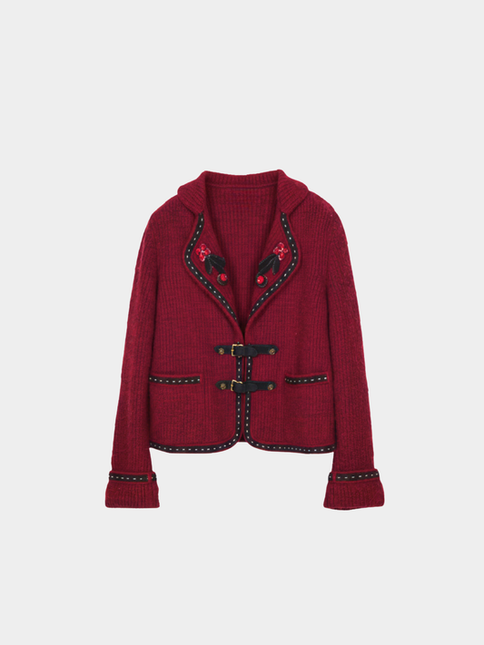 Chanel 2015 Berry Red Floral Embroidered Two-Pocket Jacket