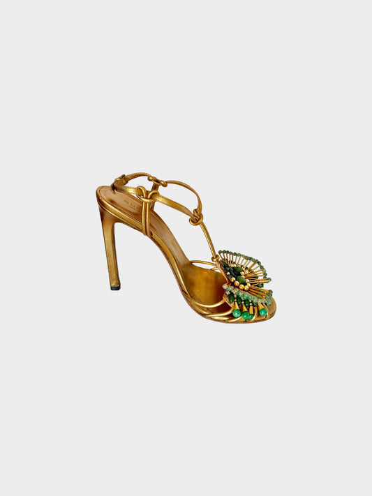 Gucci 2000s Gold Leather Phoebe Bead Embellished Heels