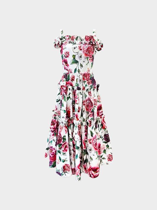 Dolce and Gabbana 2018 Rose and Peony-print Cotton Tiered Dress