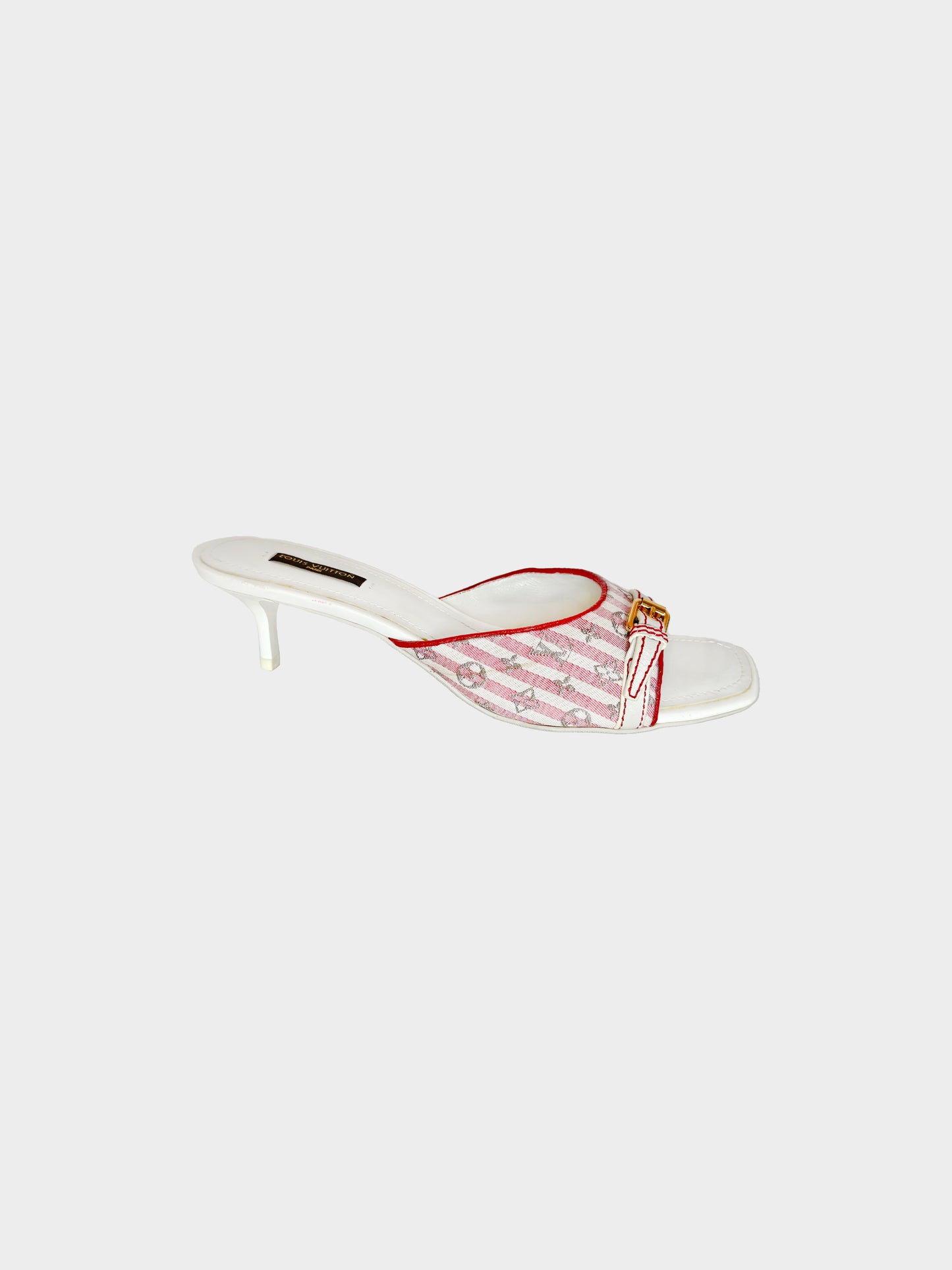 Louis Vuitton 2010s Red and White Stripe Belted Monogram Kitten Heels