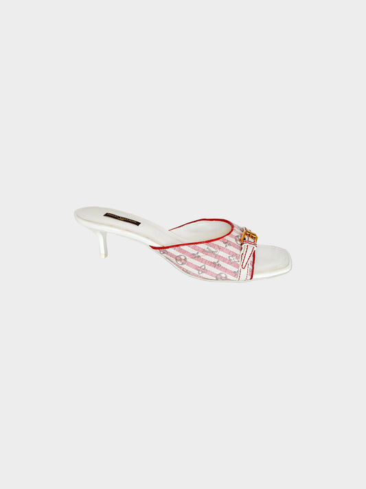 Louis Vuitton 2010s Red and White Stripe Belted Monogram Kitten Heels