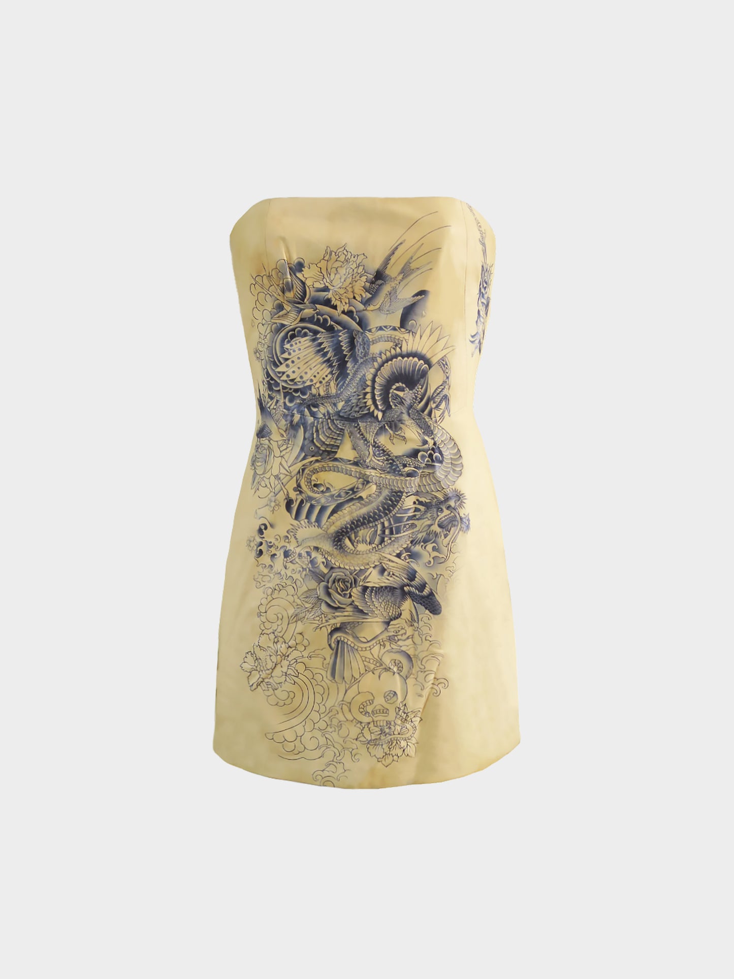 Jean Paul Gaultier SS 2012 Beige Dragon and Birds Tattoo Print Leather Dress