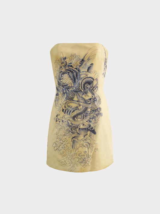 Jean Paul Gaultier SS 2012 Beige Dragon and Birds Tattoo Print Leather Dress