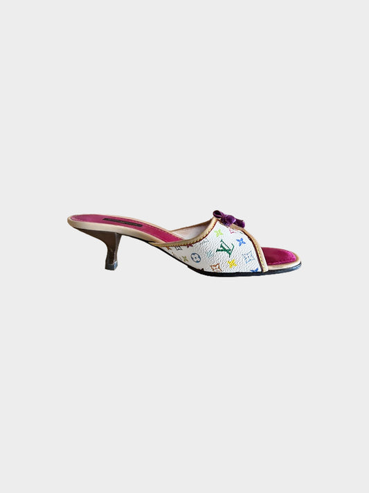 Louis Vuitton 2005 White Multicolor Monogram Leather Heels with Purple Ribbon