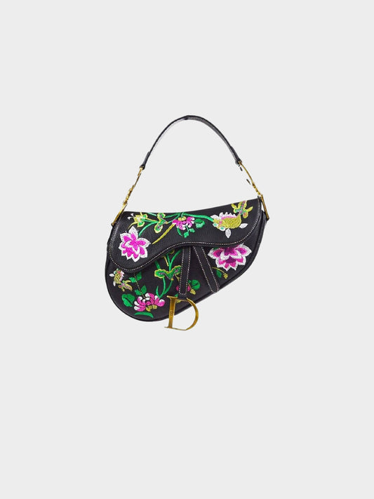 Christian Dior Early 2000s Limited Edition Black Embroidered Floral And Koi Saddle Bag