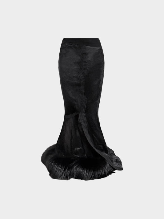 Yves Saint Laurent 1990s Black Faux Fur Trimmed Fitted Long Skirt