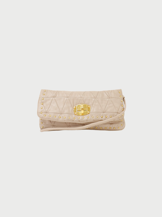 Miu Miu 2000s Beige Pink Leather Studded Quilted One Shoulder Bag
