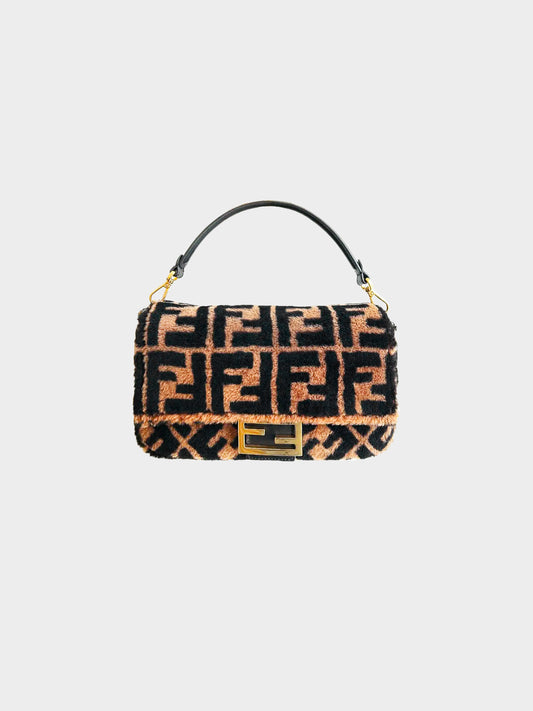 Fendi 2020s Brown Zucca Print Sheepskin Baguette