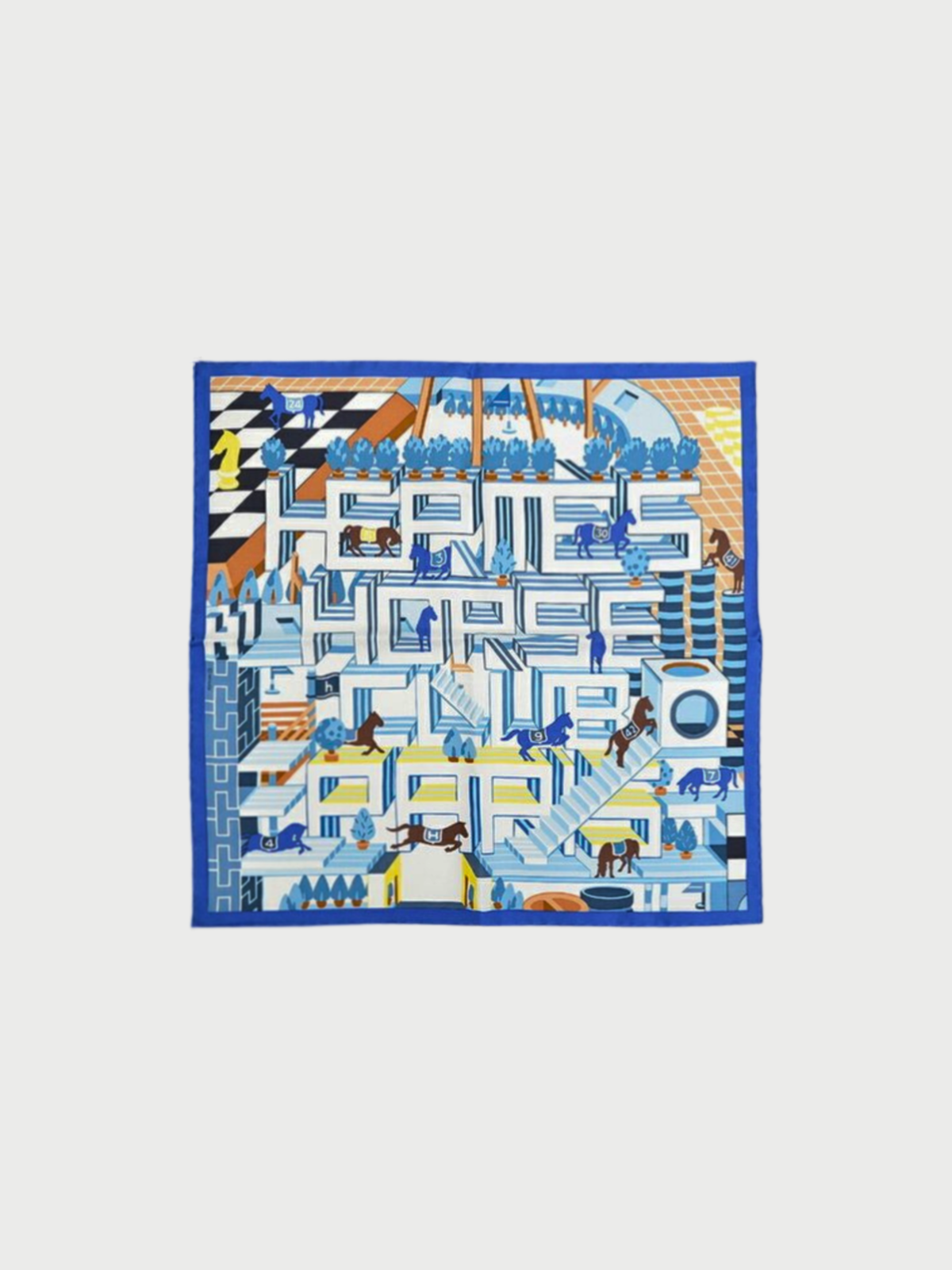 Hermès 2000s White Blue Silk Carré 45 Horse Club Scarf