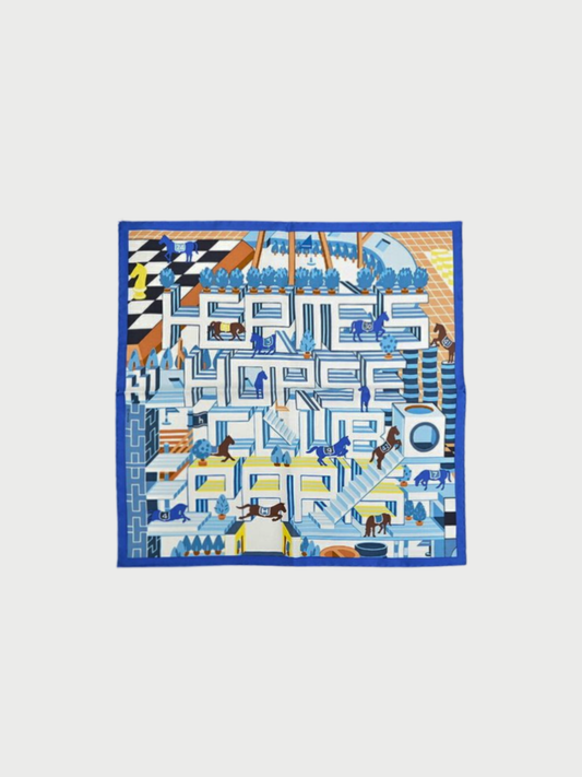 Hermès 2000s White Blue Silk Carré 45 Horse Club Scarf